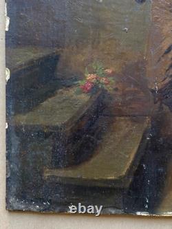 Antique Oil on Wood 19th Century Signed Robert Aurele Mandolin Player