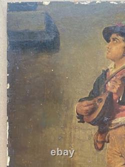 Antique Oil on Wood 19th Century Signed Robert Aurele Mandolin Player