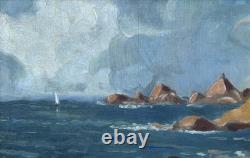 Antique Original Oil Painting, Marine, Boat, Reefs, Stones, Seascape, Framed