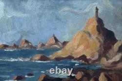 Antique Original Oil Painting, Marine, Boat, Reefs, Stones, Seascape, Framed