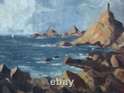 Antique Original Oil Painting, Marine, Boat, Reefs, Stones, Seascape, Framed