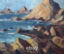 Antique Original Oil Painting, Marine, Boat, Reefs, Stones, Seascape, Framed