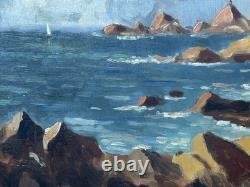 Antique Original Oil Painting, Marine, Boat, Reefs, Stones, Seascape, Framed