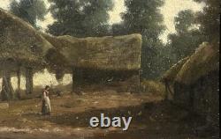 Antique Original Oil Painting Village Scene Landscape, Realism, Barbizon School