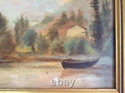 Antique Painting 19th Barbizon Taste Trouillebert Landscape By The Boat Oil / Wood