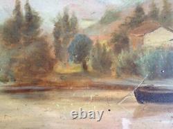 Antique Painting 19th Barbizon Taste Trouillebert Landscape By The Boat Oil / Wood