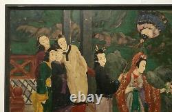 Antique Painting, Large Format, Animated Asian Scene, Early 20th