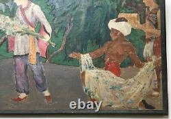 Antique Painting, Large Format, Animated Asian Scene, Early 20th