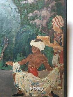 Antique Painting, Large Format, Animated Asian Scene, Early 20th