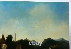 Antique Painting, Oil On Panel, Animated Lakescape, Moulin, 19th Century