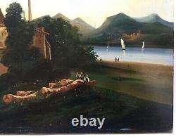 Antique Painting, Oil On Panel, Animated Lakescape, Moulin, 19th Century