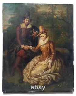 Antique Painting, Oil On Panel, Galante Scene, 19th Or Before