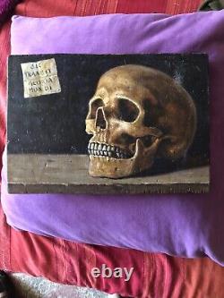 Antique Painting Oil On Wood Head Of Death