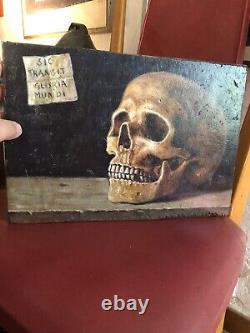 Antique Painting Oil On Wood Head Of Death