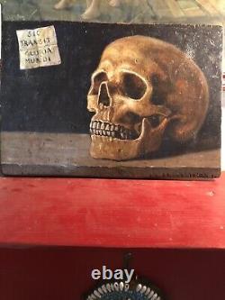 Antique Painting Oil On Wood Head Of Death