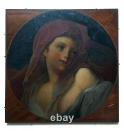 Antique Painting, Portrait Of A Woman In Medallion On Mahogany Panel, 19th
