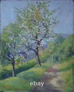 Antique Painting, School Impressionist Early 20th. Fruit Trees In Bloom