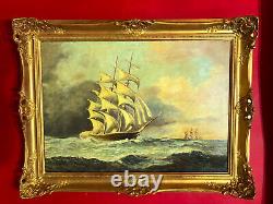 Antique Painting Signed Representing A Marine Scene With Its Golden Frame