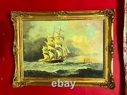 Antique Painting Signed Representing A Marine Scene With Its Golden Frame