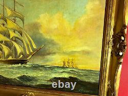 Antique Painting Signed Representing A Marine Scene With Its Golden Frame