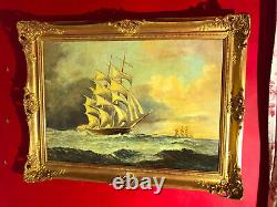 Antique Painting Signed Representing A Marine Scene With Its Golden Frame