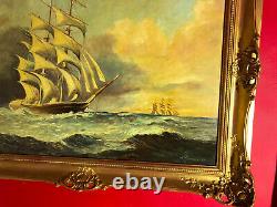 Antique Painting Signed Representing A Marine Scene With Its Golden Frame