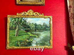 Antique Signed English Painting, Lakescape With Its Pediment Frame