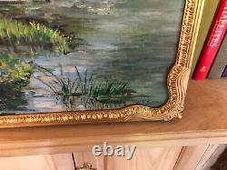 Antique Signed English Painting, Lakescape With Its Pediment Frame