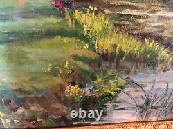 Antique Signed English Painting, Lakescape With Its Pediment Frame