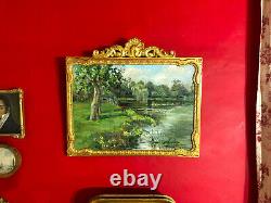 Antique Signed English Painting, Lakescape With Its Pediment Frame