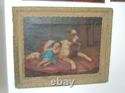 Antique Square Oil Painting on Canvas with Wooden Frame Coeval