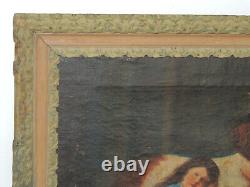 Antique Square Oil Painting on Canvas with Wooden Frame Coeval