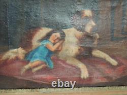 Antique Square Oil Painting on Canvas with Wooden Frame Coeval