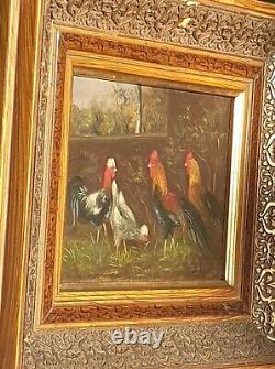Antique Table Signed Chicken Chicken Chicken Chicken Oil Painting On Wooden Panel