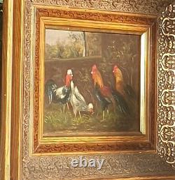 Antique Table Signed Chicken Chicken Chicken Chicken Oil Painting On Wooden Panel