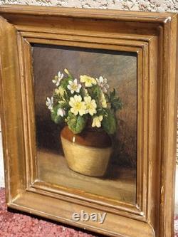 Antique painting signed. Bouquet of Flowers. Oil painting on wood panel.
