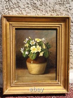 Antique painting signed. Bouquet of Flowers. Oil painting on wood panel.