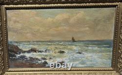 Antique signed painting. Seascape. Oil painting on wooden panel