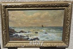 Antique signed painting. Seascape. Oil painting on wooden panel