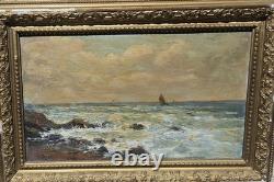Antique signed painting. Seascape. Oil painting on wooden panel
