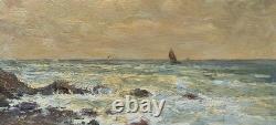 Antique signed painting. Seascape. Oil painting on wooden panel
