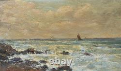 Antique signed painting. Seascape. Oil painting on wooden panel