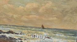 Antique signed painting. Seascape. Oil painting on wooden panel