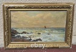 Antique signed painting. Seascape. Oil painting on wooden panel