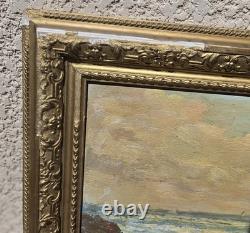 Antique signed painting. Seascape. Oil painting on wooden panel