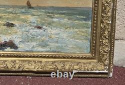 Antique signed painting. Seascape. Oil painting on wooden panel