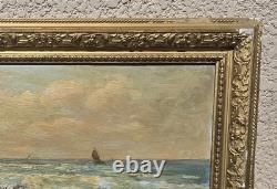 Antique signed painting. Seascape. Oil painting on wooden panel