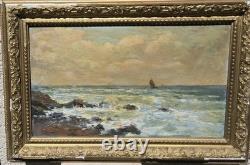 Antique signed painting. Seascape. Oil painting on wooden panel