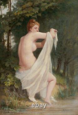 Armand Painting Oil Batheuse Woman Naked Nymph Forest Underwood Barbizon 19th