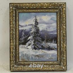 Around 1950-1960 Ancient Oil Painting Alpine Winter Landscape 38x31 CM